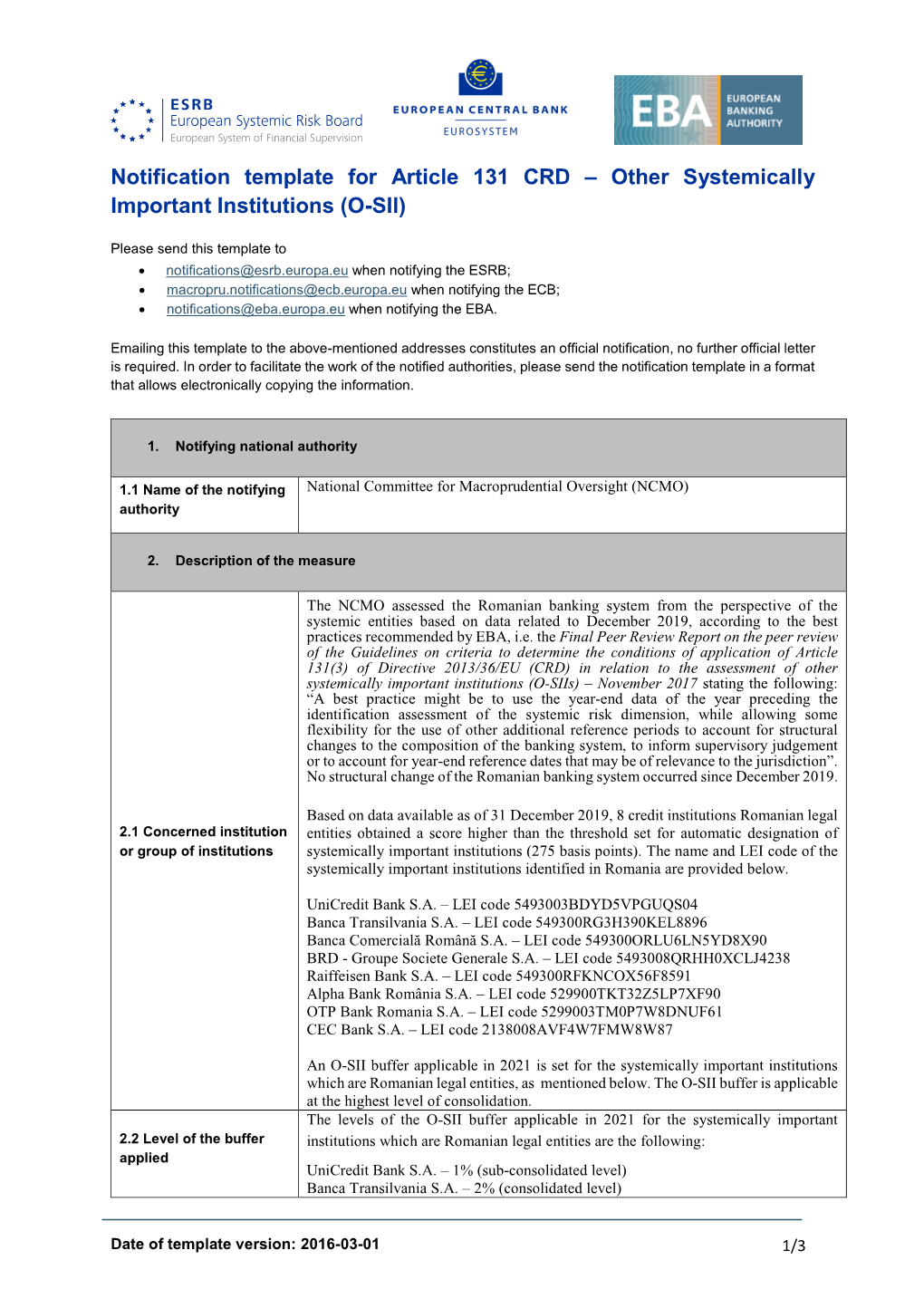 Notification by the National Committee for Macroprudential Oversight