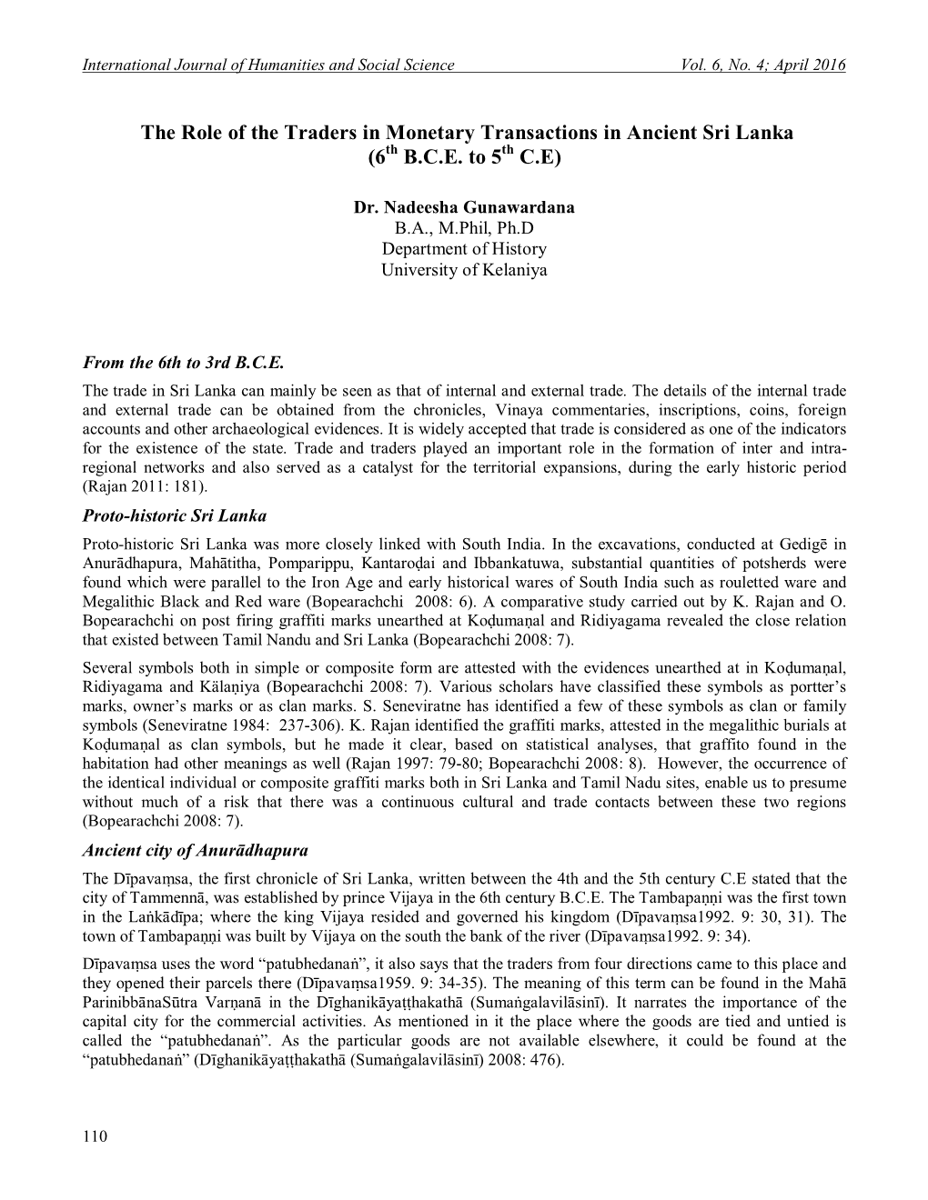 The Role of the Traders in Monetary Transactions in Ancient Sri Lanka (6Th B.C.E