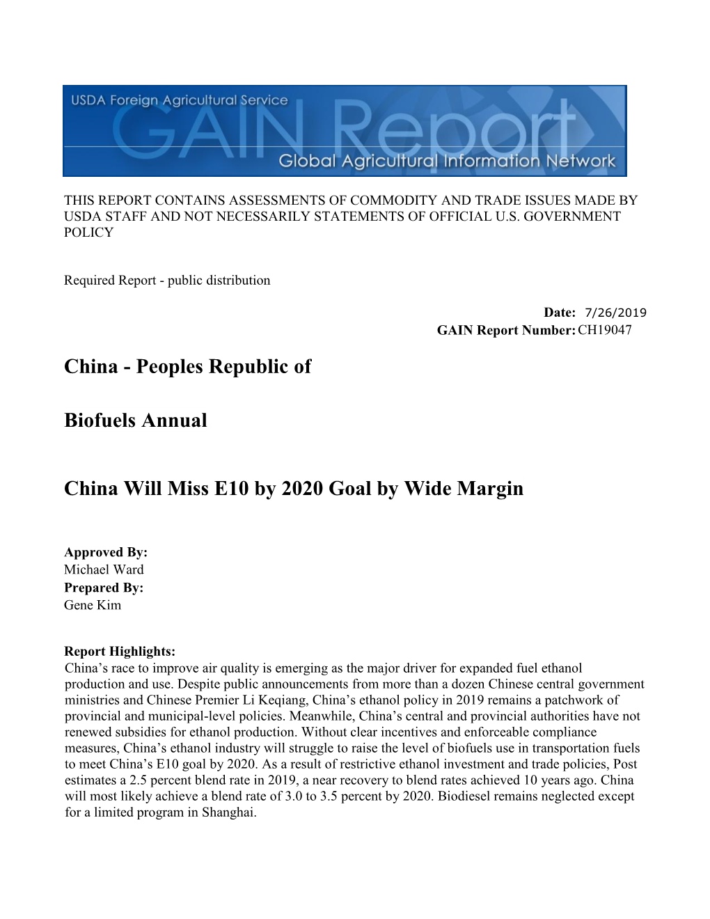 Peoples Republic of Biofuels Annual China Will Miss E10 by 2020 Goal