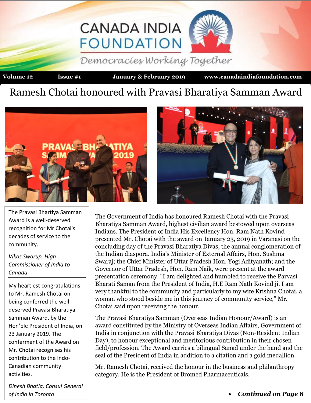 Ramesh Chotai Honoured with Pravasi Bharatiya Samman Award