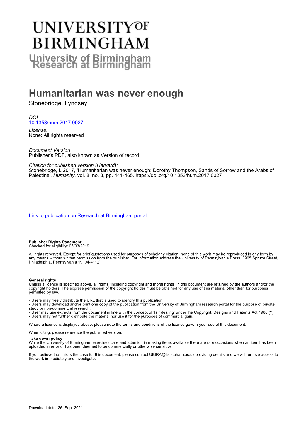 University of Birmingham Humanitarian Was Never Enough