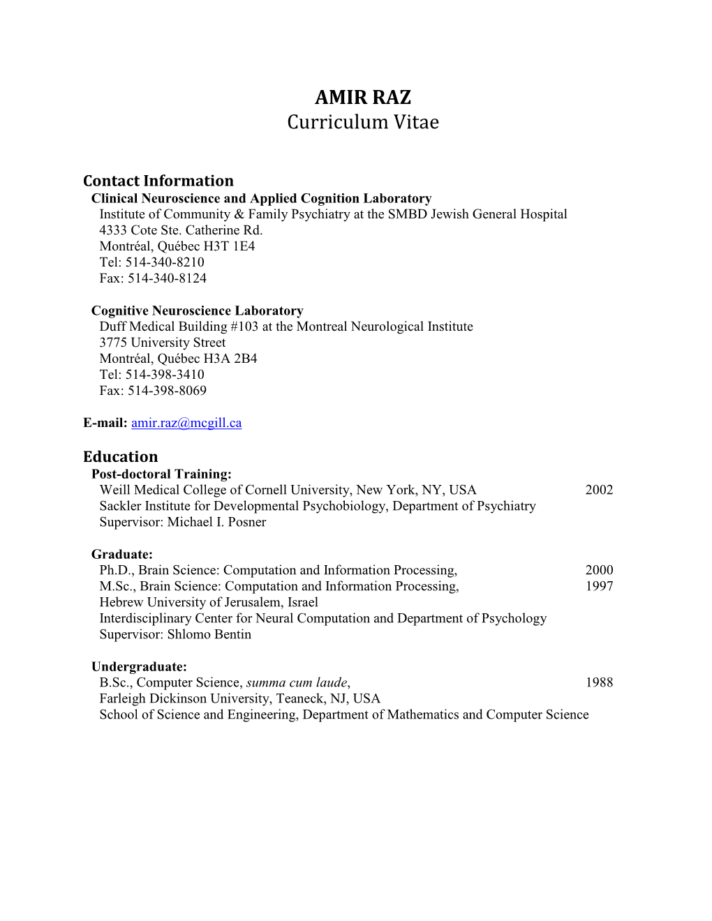 AMIR RAZ Curriculum Vitae