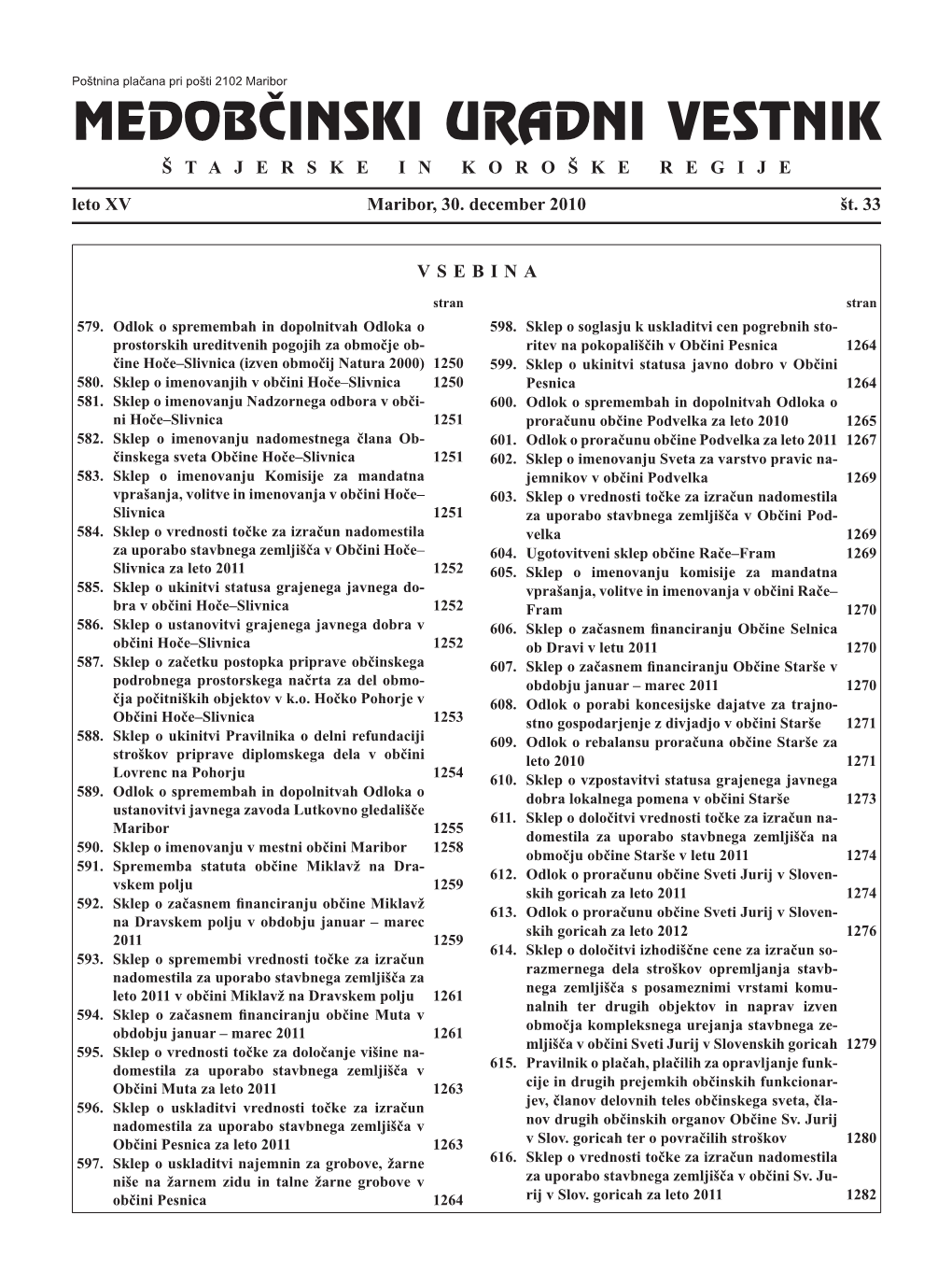 MEDOBČINSKI URADNI VESTNIK ŠTAJERSKE in KOROŠKE REGIJE Leto XV Maribor, 30