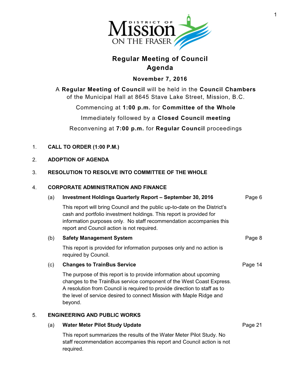 Regular Meeting of Council Agenda