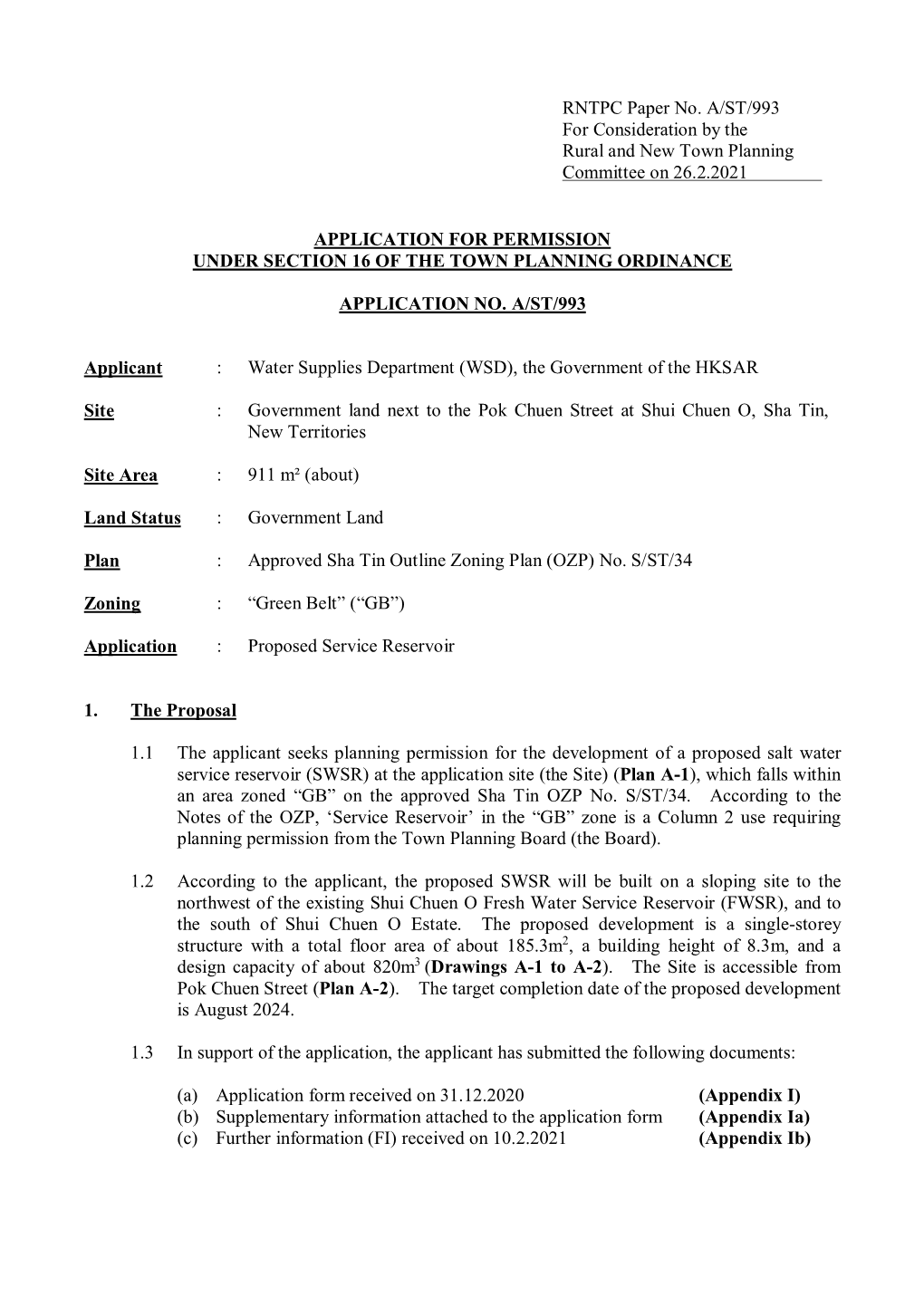 RNTPC Paper No. A/ST/993 for Consideration by the Rural and New Town Planning Committee on 26.2.2021 APPLICATION for PERMISSION