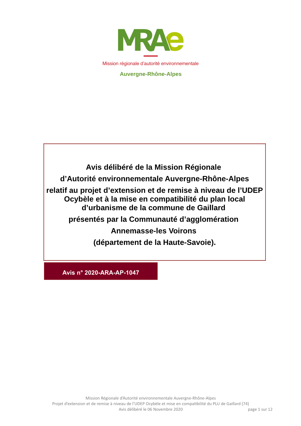 Avis Délibéré De La Mission Régionale D'autorité Environnementale