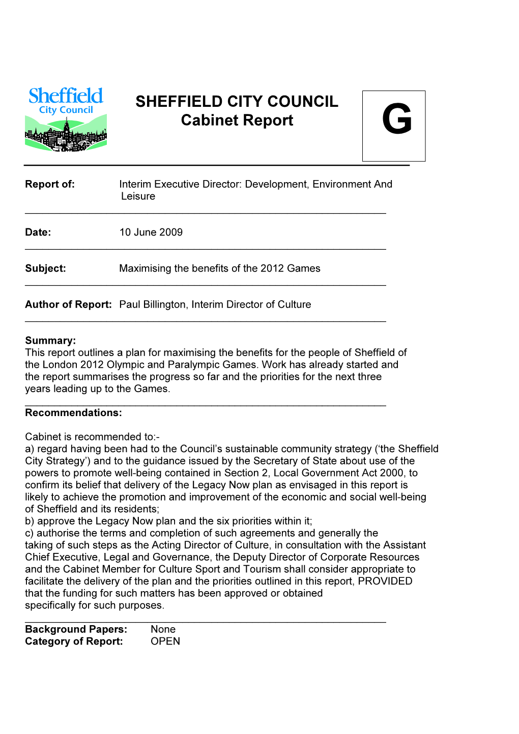 SHEFFIELD CITY COUNCIL Cabinet Report G