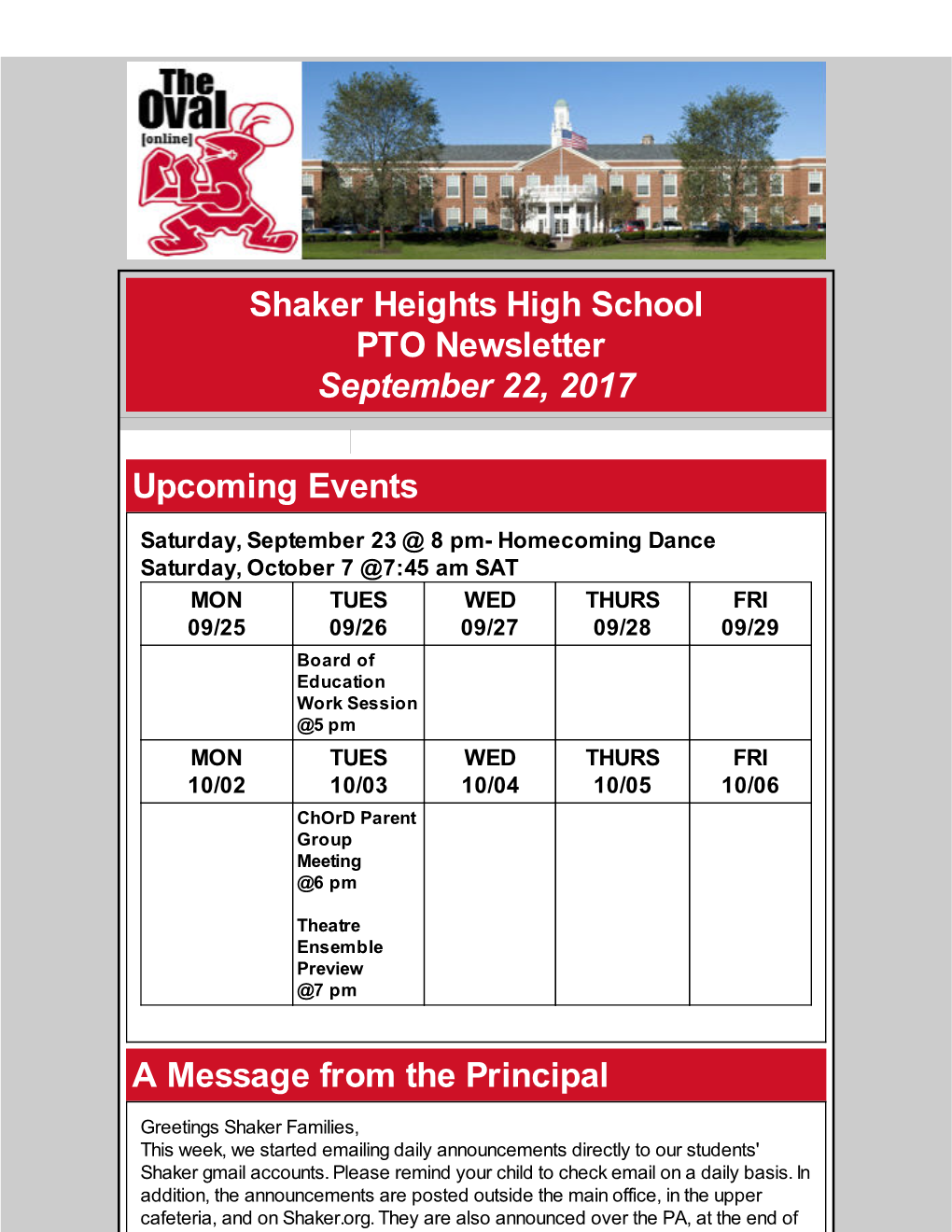 Shaker Heights High School PTO Newsletter September 22, 2017