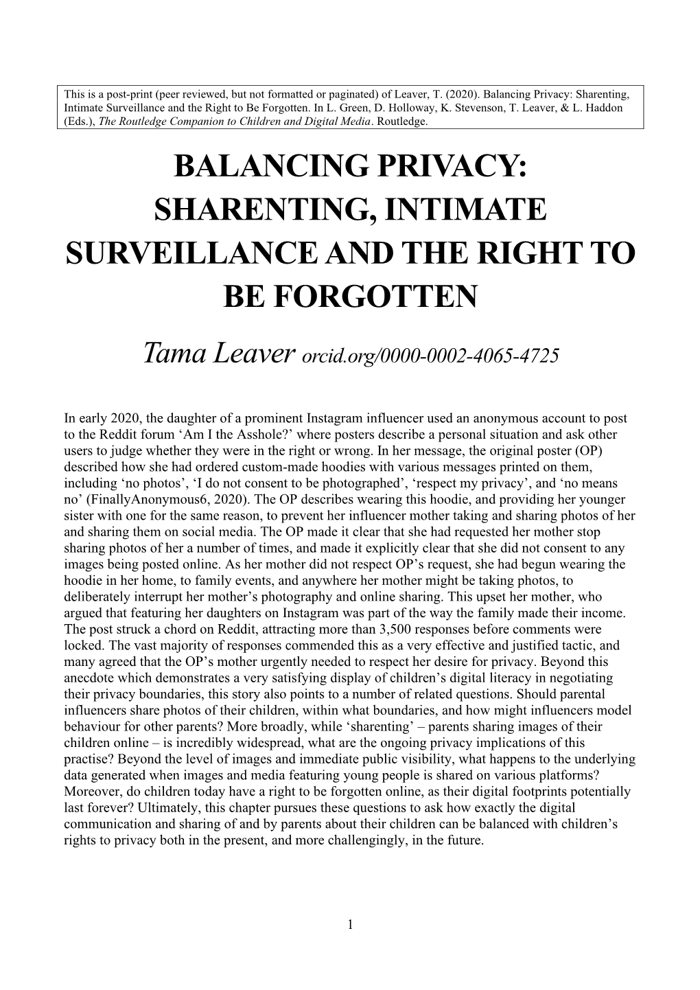 Sharenting, Intimate Surveillance and the Right to Be Forgotten