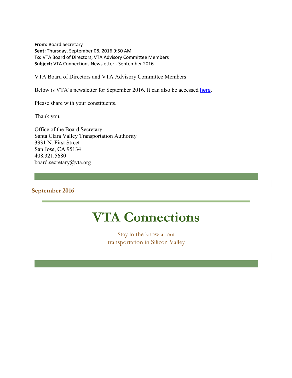 VTA Connections Newsletter - September 2016