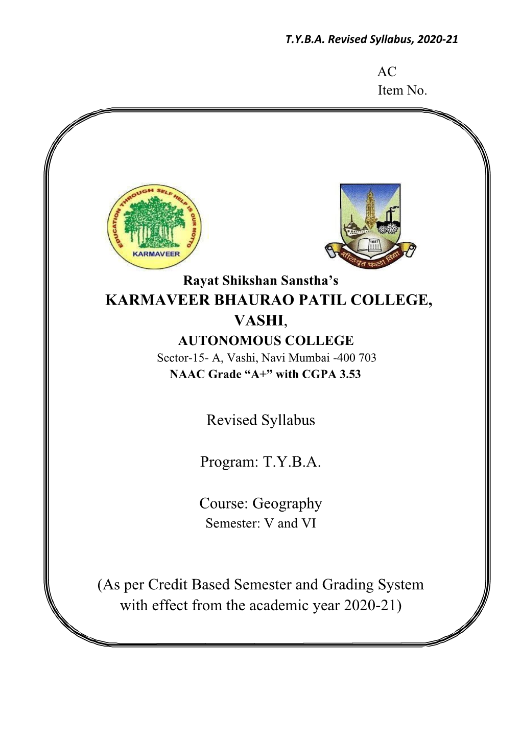 TYBA Course: Geography (As Per Credit Based Semester and G