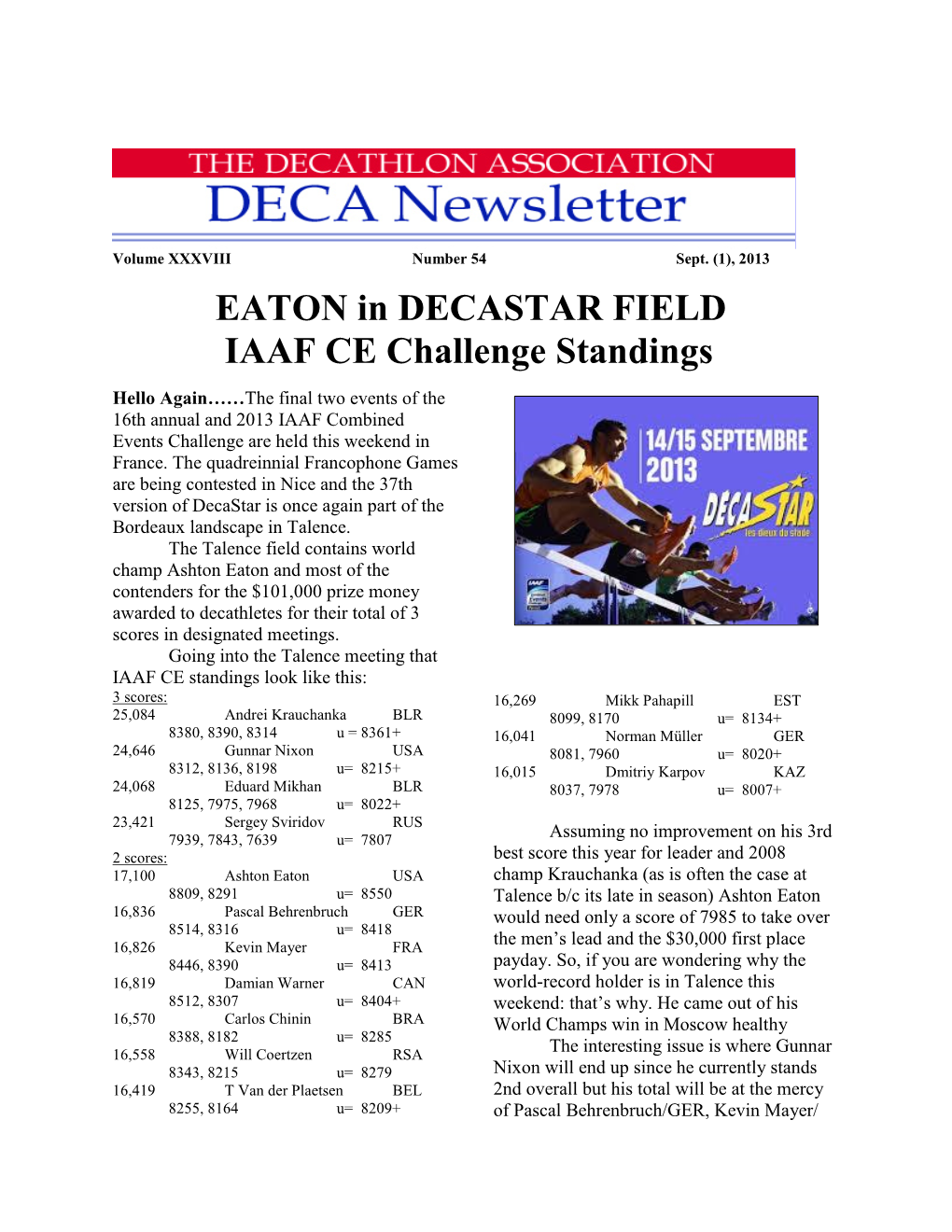 EATON in DECASTAR FIELD IAAF CE Challenge Standings