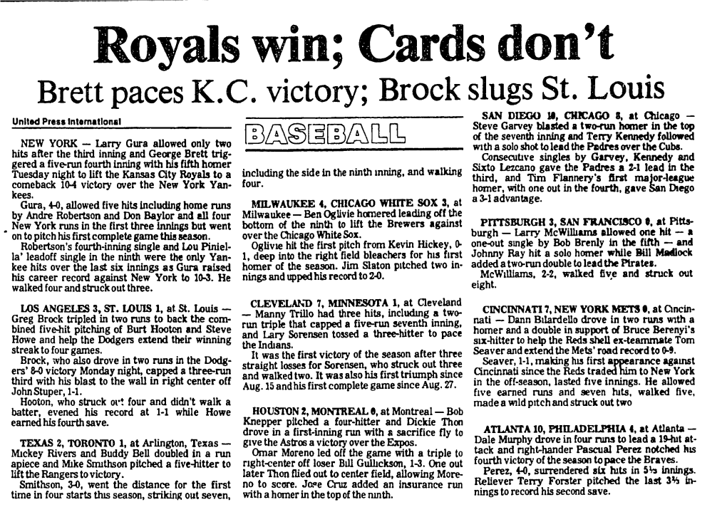 Royals Win; Cards Don't Brett Paces K.C