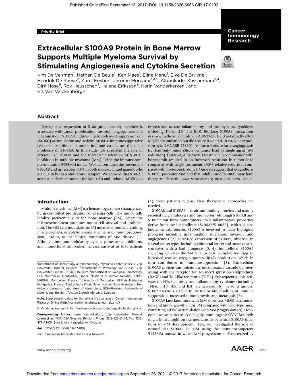 Extracellular S100A9 Protein in Bone Marrow Supports Multiple Myeloma Survival by Stimulating Angiogenesis and Cytokine Secretio