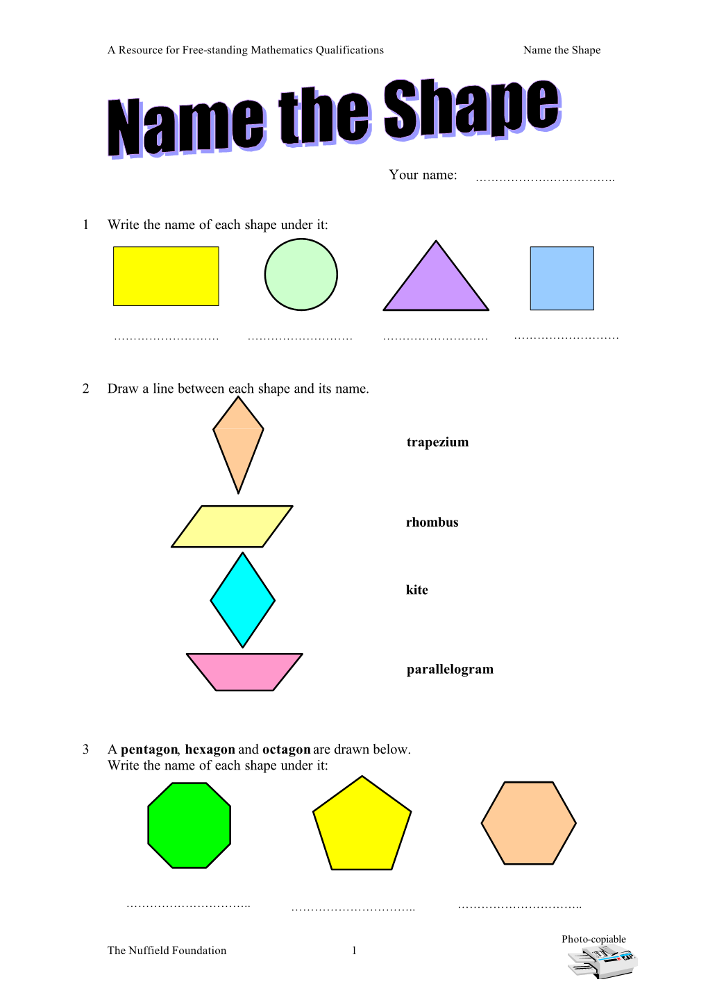 2 Draw a Line Between Each Shape and Its Name. 3 a Pentagon