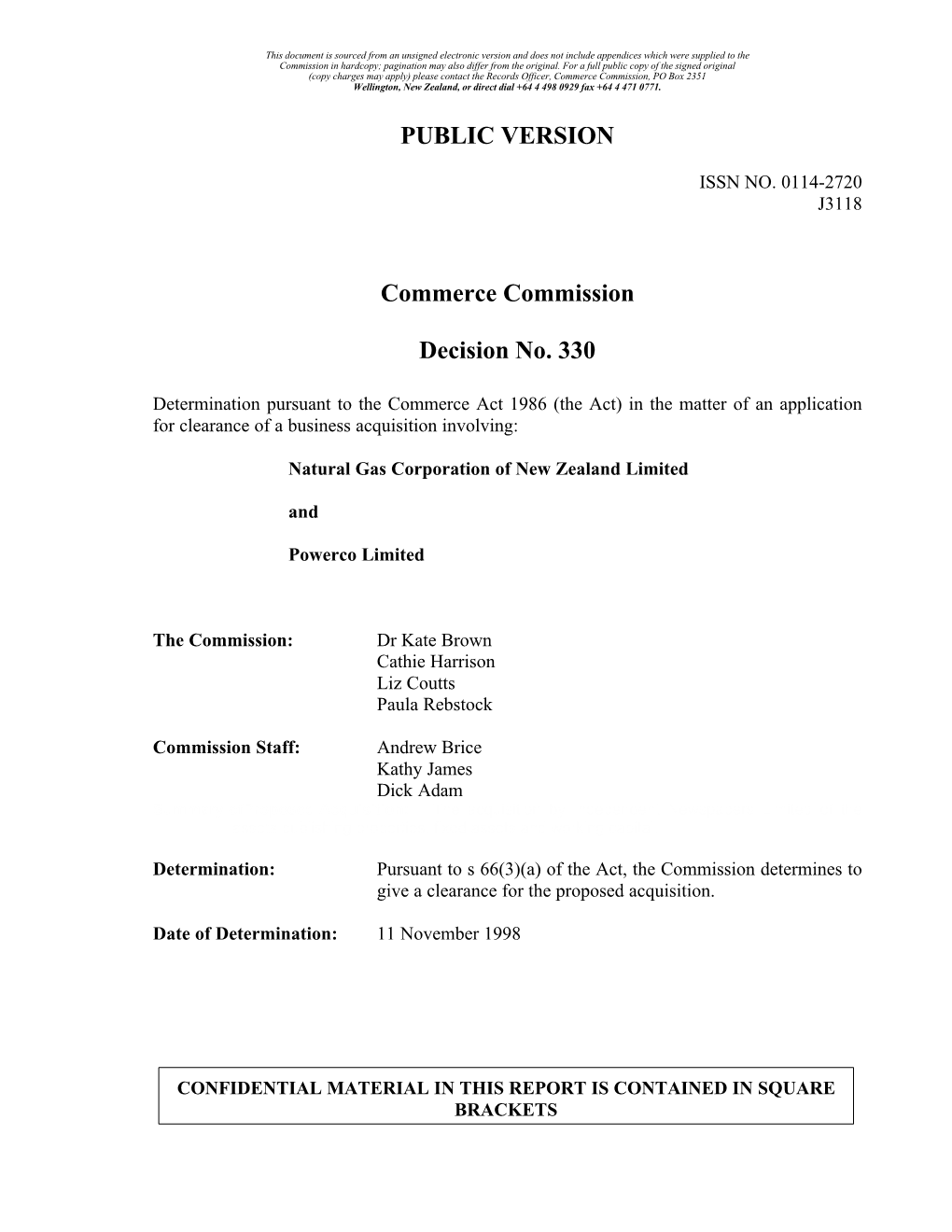 PUBLIC VERSION Commerce Commission Decision No
