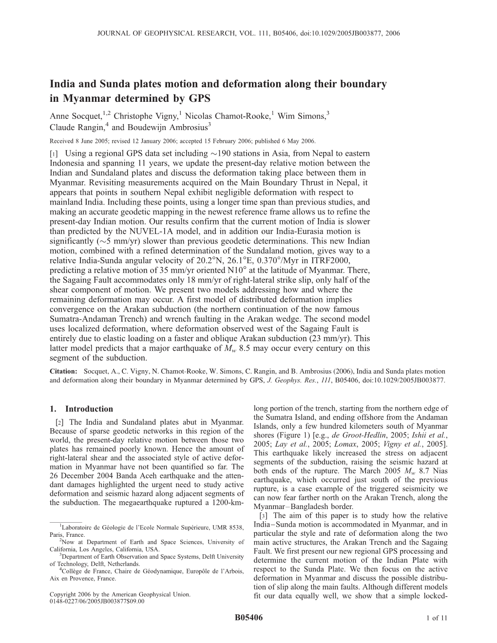 India and Sunda Plates Motion and Deformation Along Their Boundary In