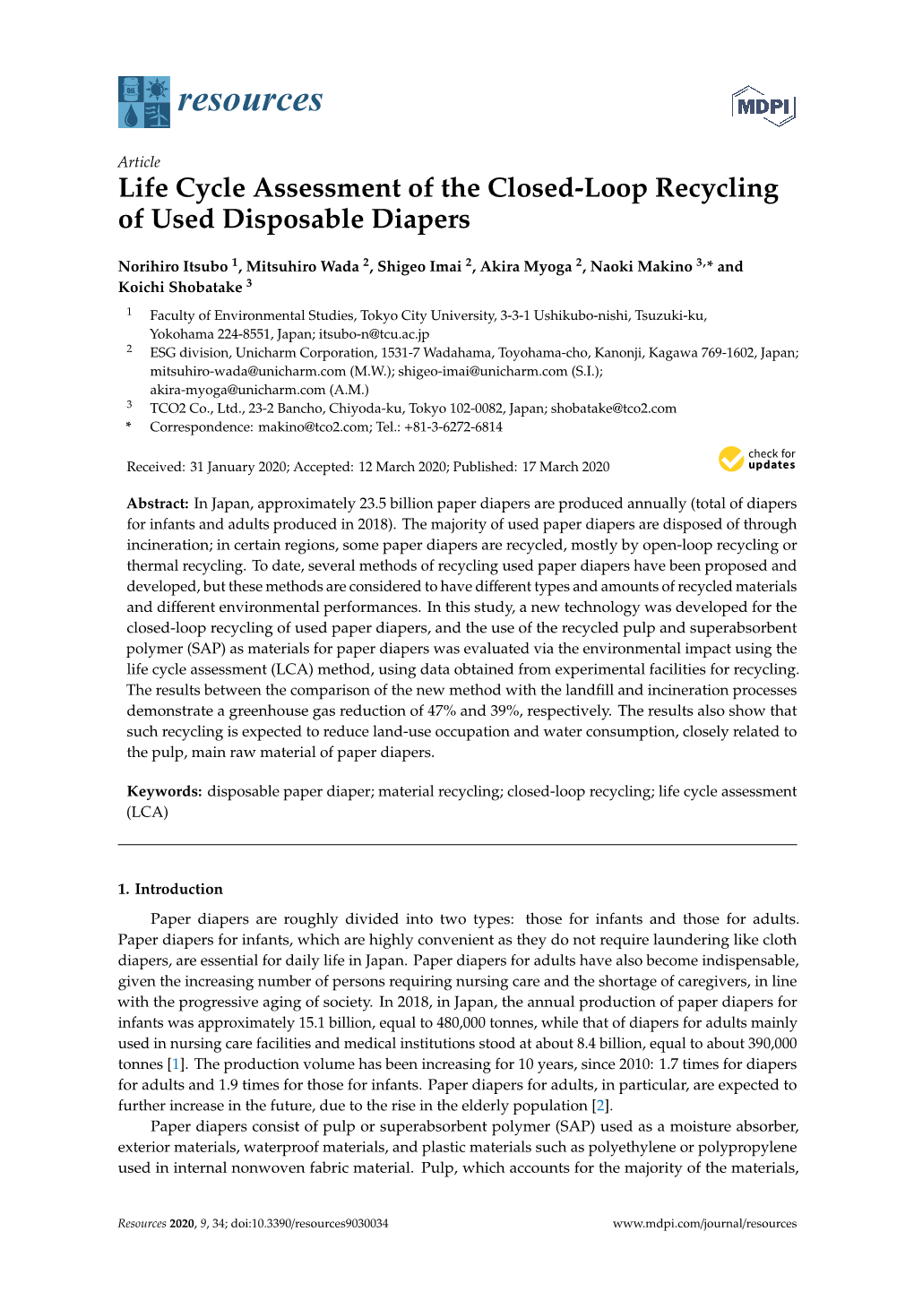 Life Cycle Assessment of the Closed-Loop Recycling of Used Disposable Diapers