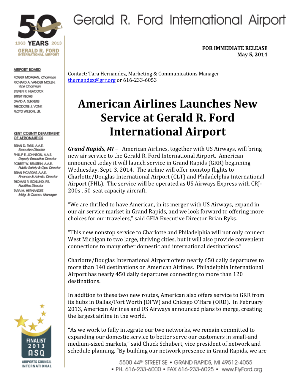 American Airlines Launches New Service at Gerald R. Ford International Airport