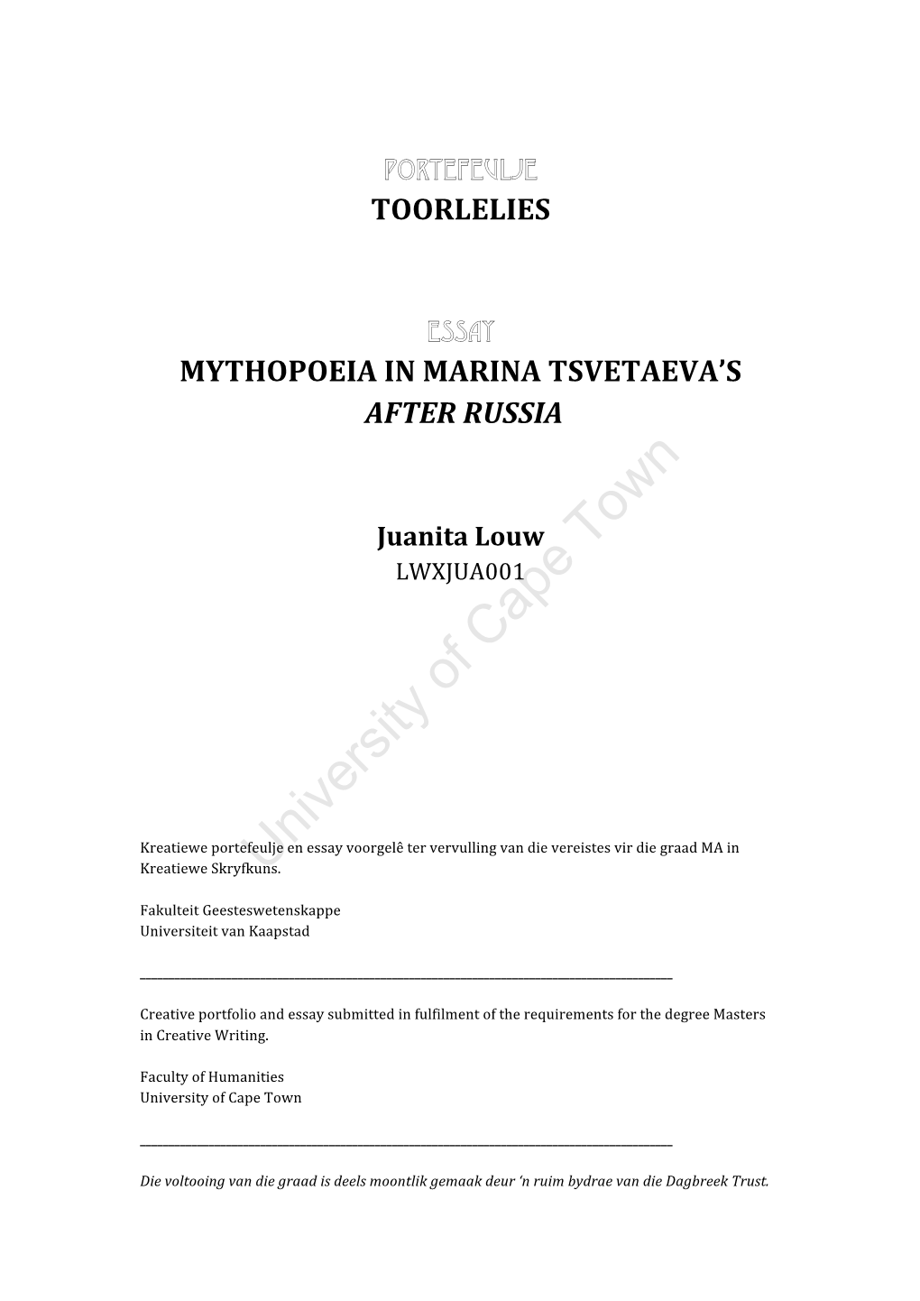 Mythopoeia in Marina Tsvetaeva's After Russia