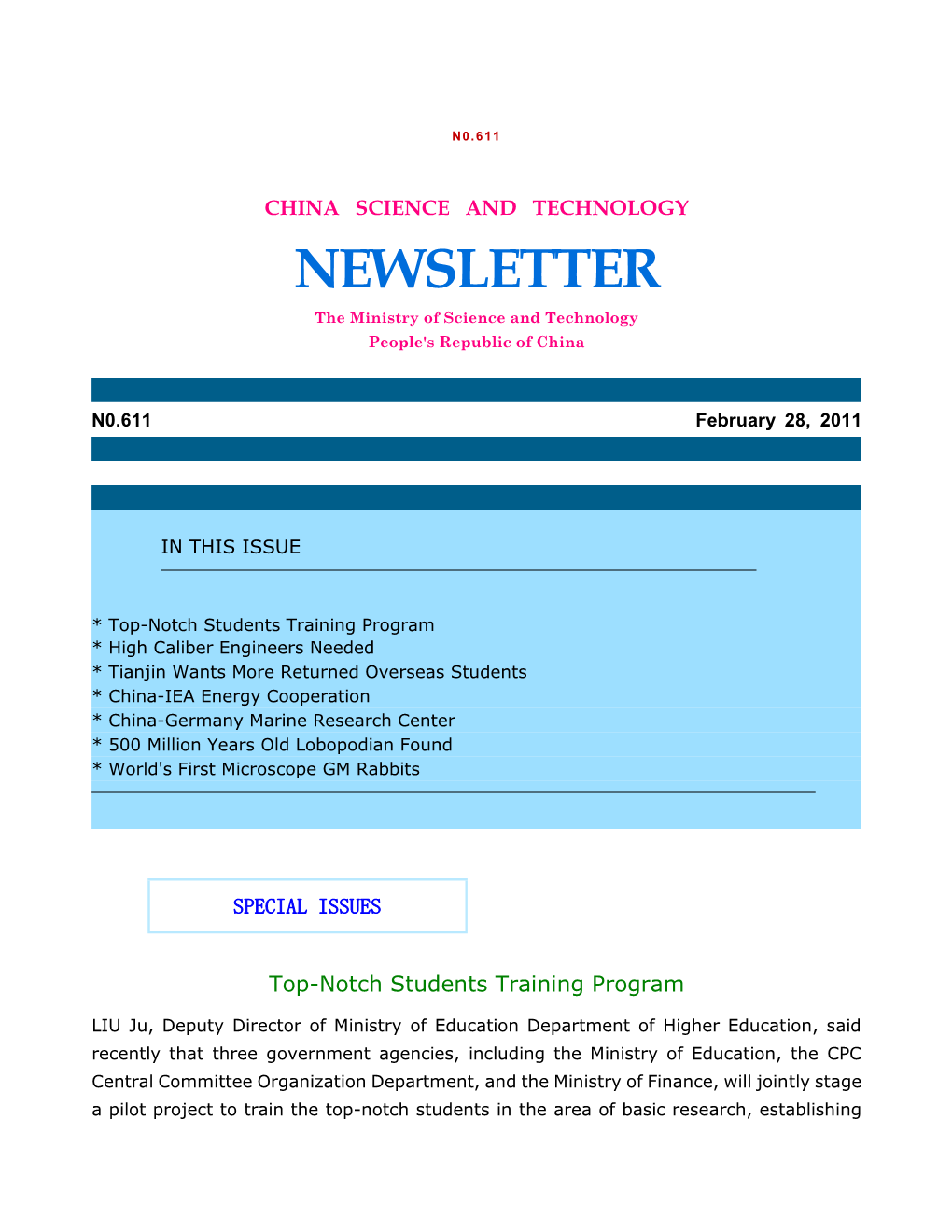 NEWSLETTER the Ministry of Science and Technology People's Republic of China