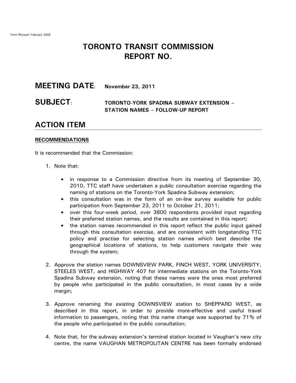 Toronto-York Spadina Subway Extension – Station Names – Follow-Up Report