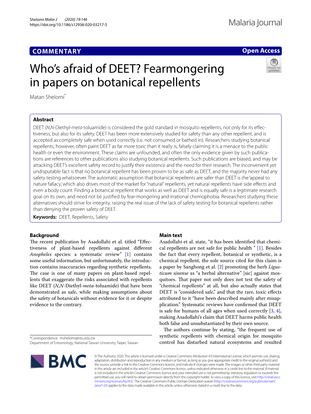 Who's Afraid of DEET? Fearmongering in Papers on Botanical Repellents