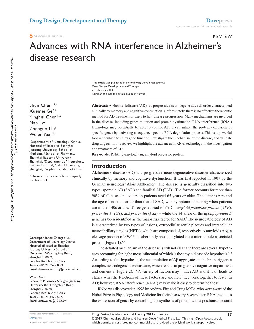 Advances with RNA Interference in Alzheimer's Disease Research