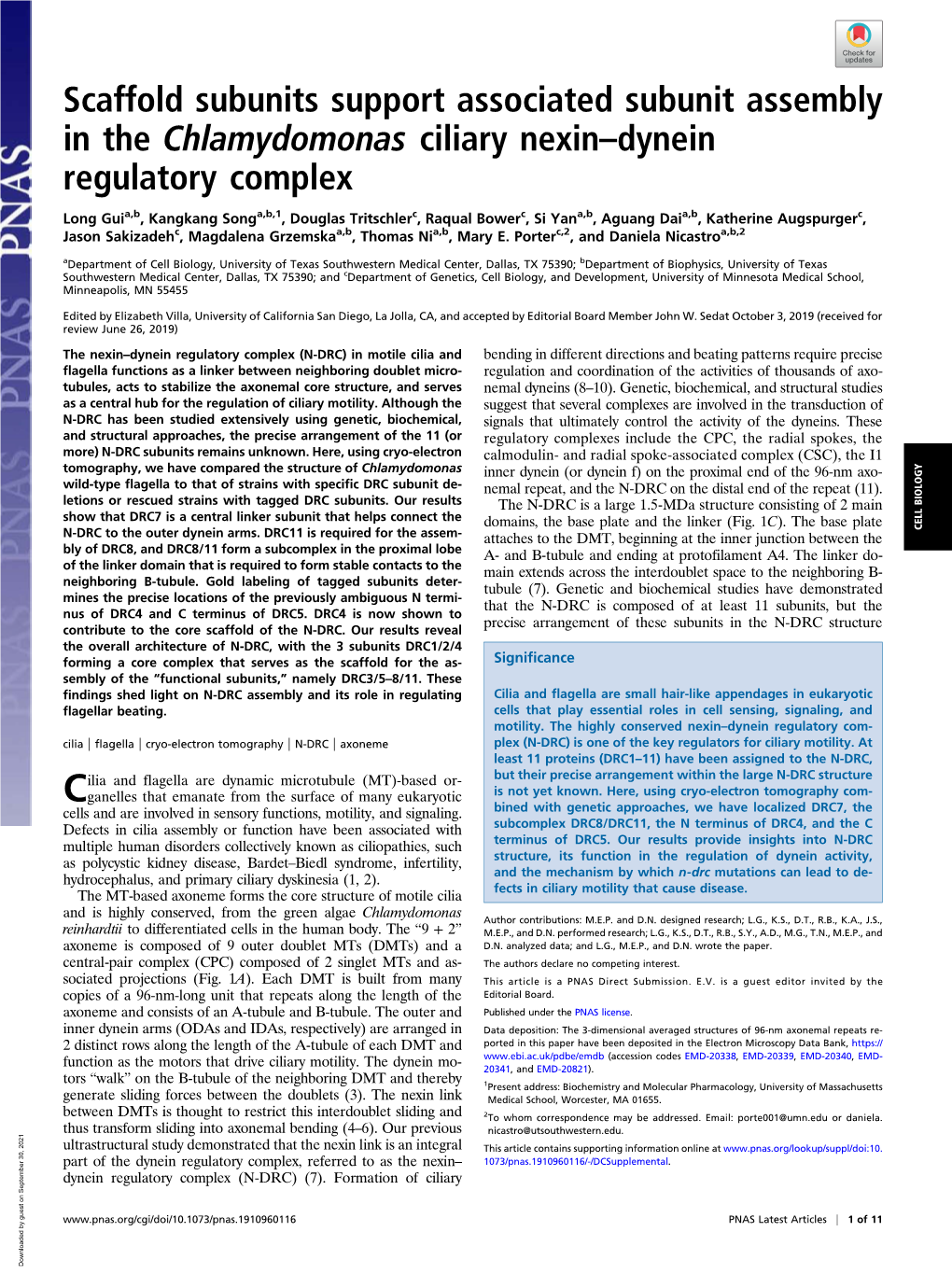 Scaffold Subunits Support Associated Subunit Assembly in the Chlamydomonas Ciliary Nexin–Dynein Regulatory Complex