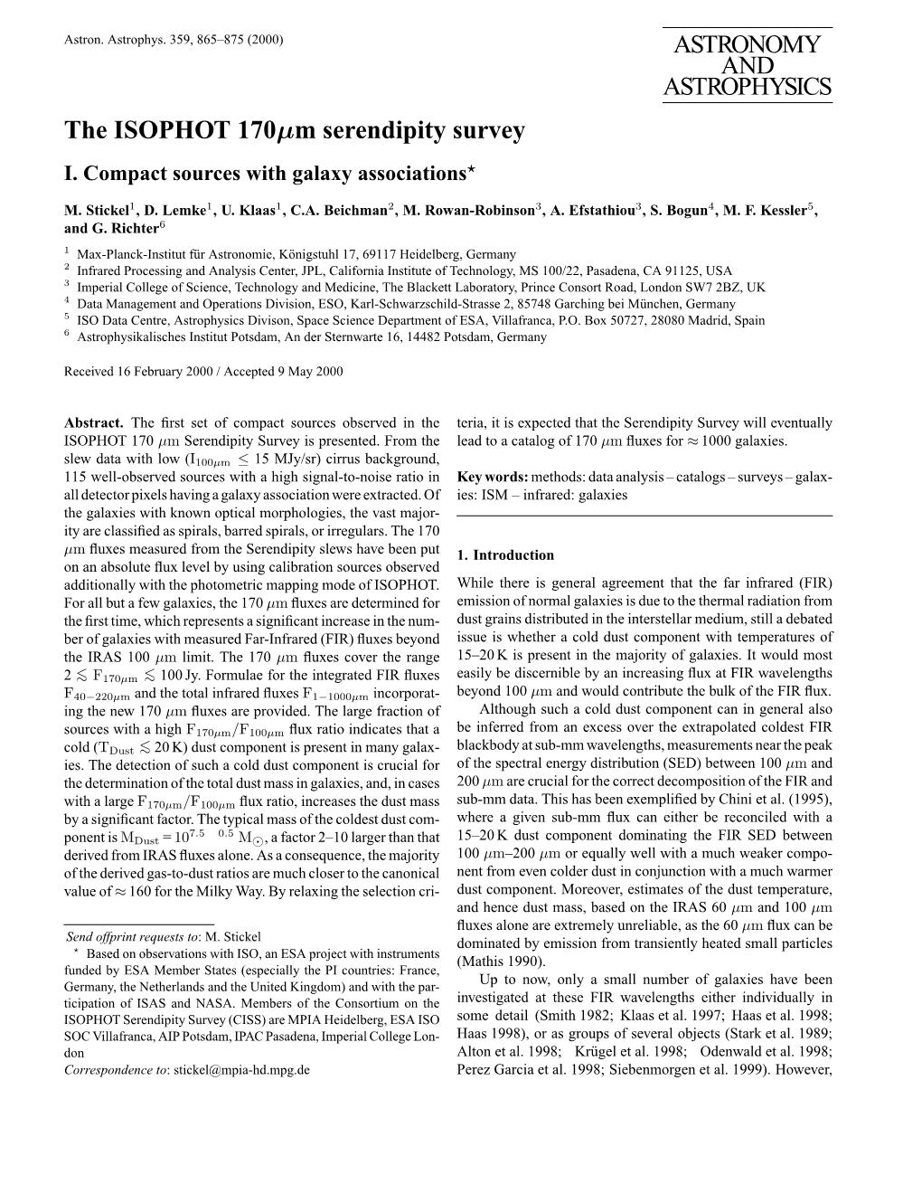 ASTRONOMY and ASTROPHYSICS the ISOPHOT 170Μm Serendipity Survey I