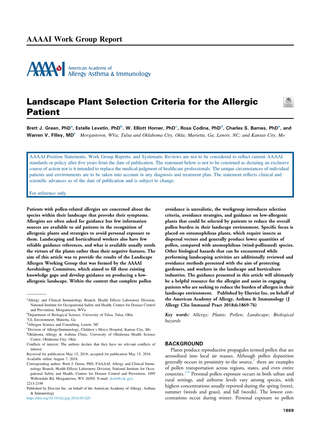 Landscape Plant Selection Criteria for the Allergic Patient