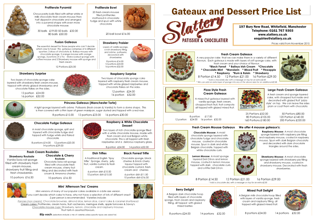 Gateaux and Dessert Price List