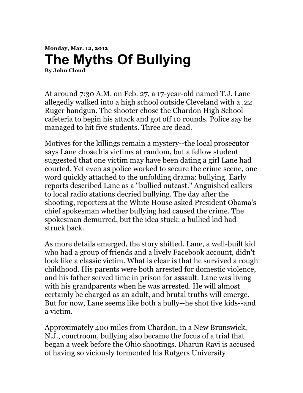 The Myths of Bullying by John Cloud