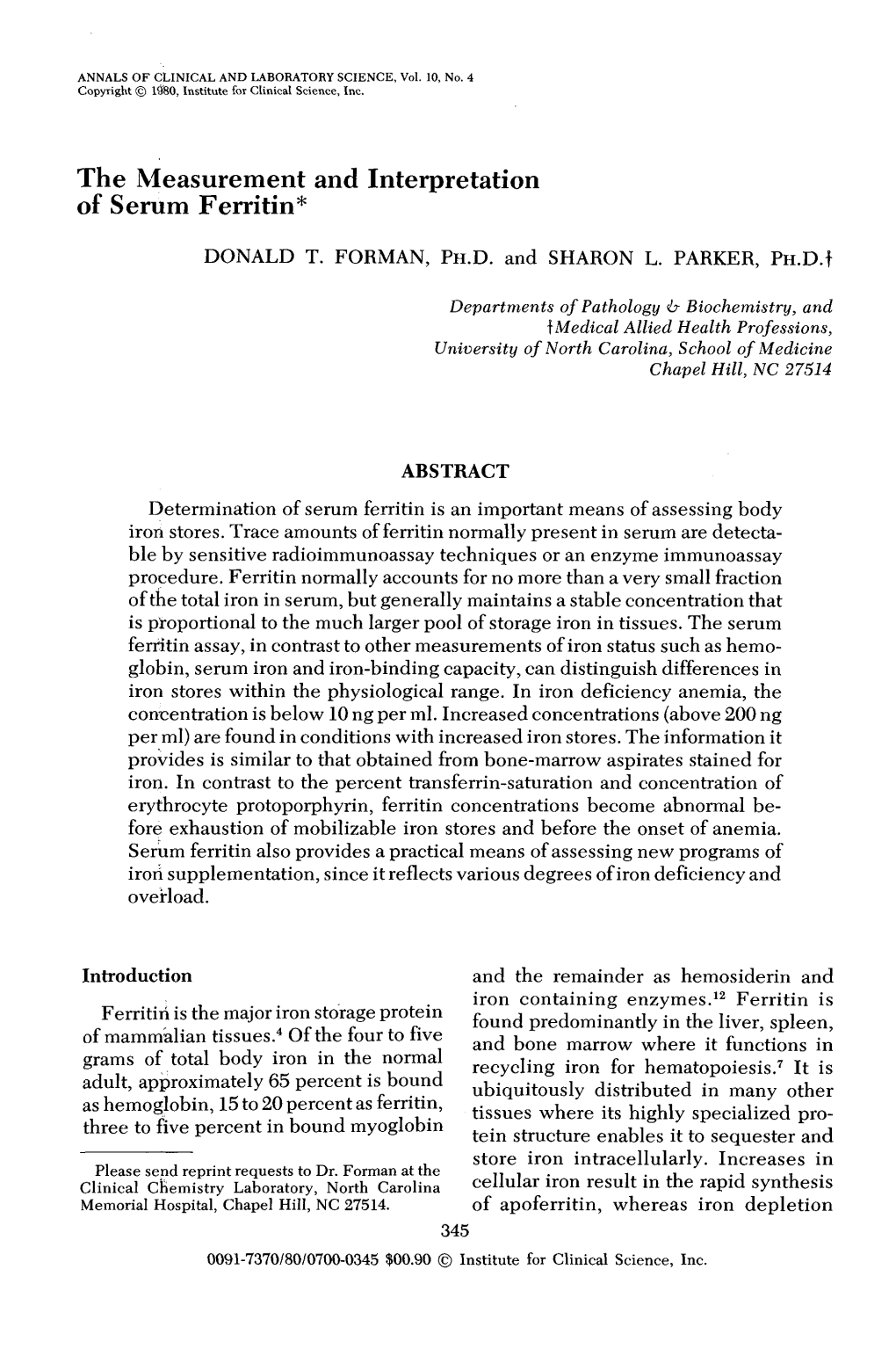 The Measurement and Interpretation of Serum Ferritin*