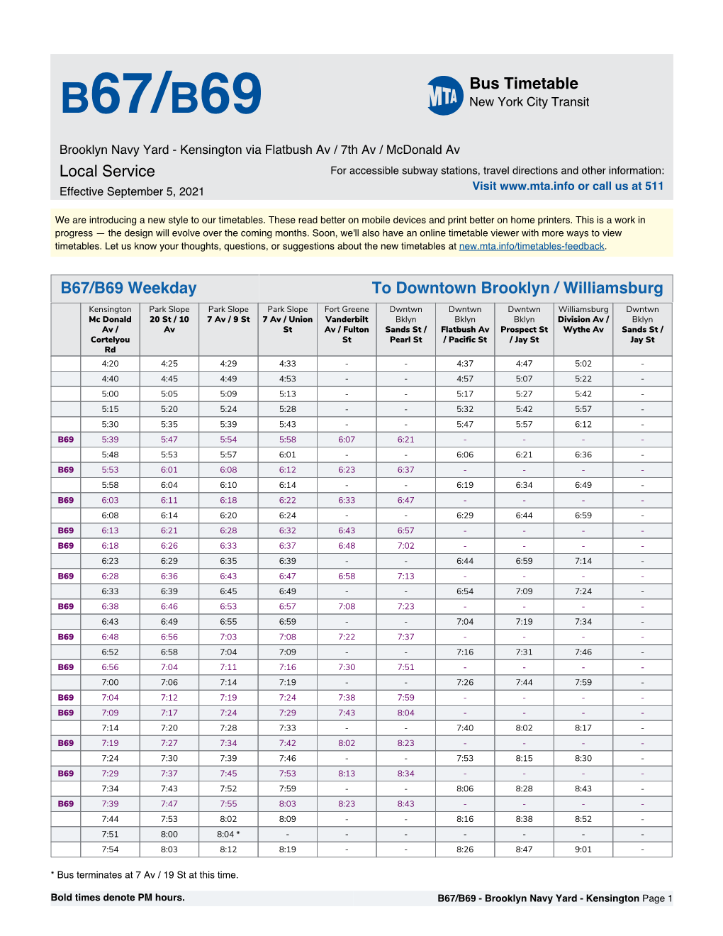 MTA B67/B69 Bus Timetable