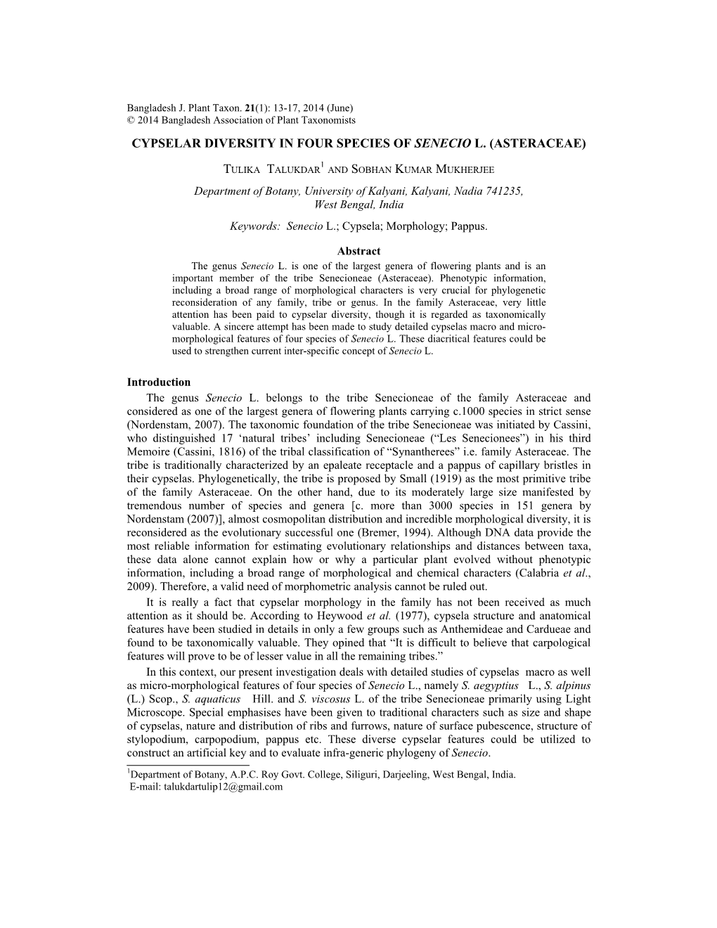 Cypselar Diversity in Four Species of Senecio L. (Asteraceae) Tulika Talukdar