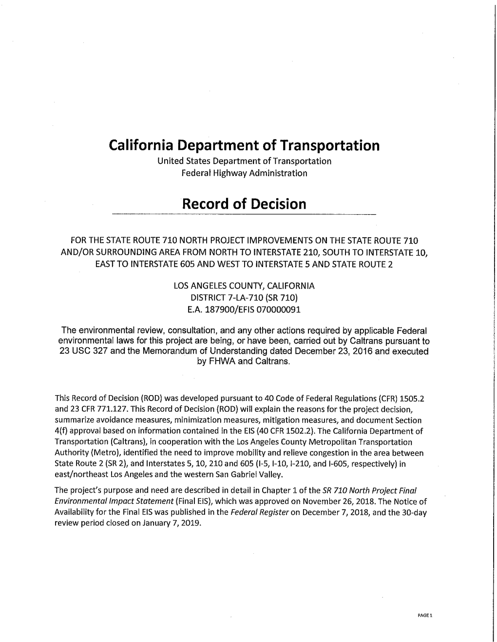 California Department of Transportation Record of Decision