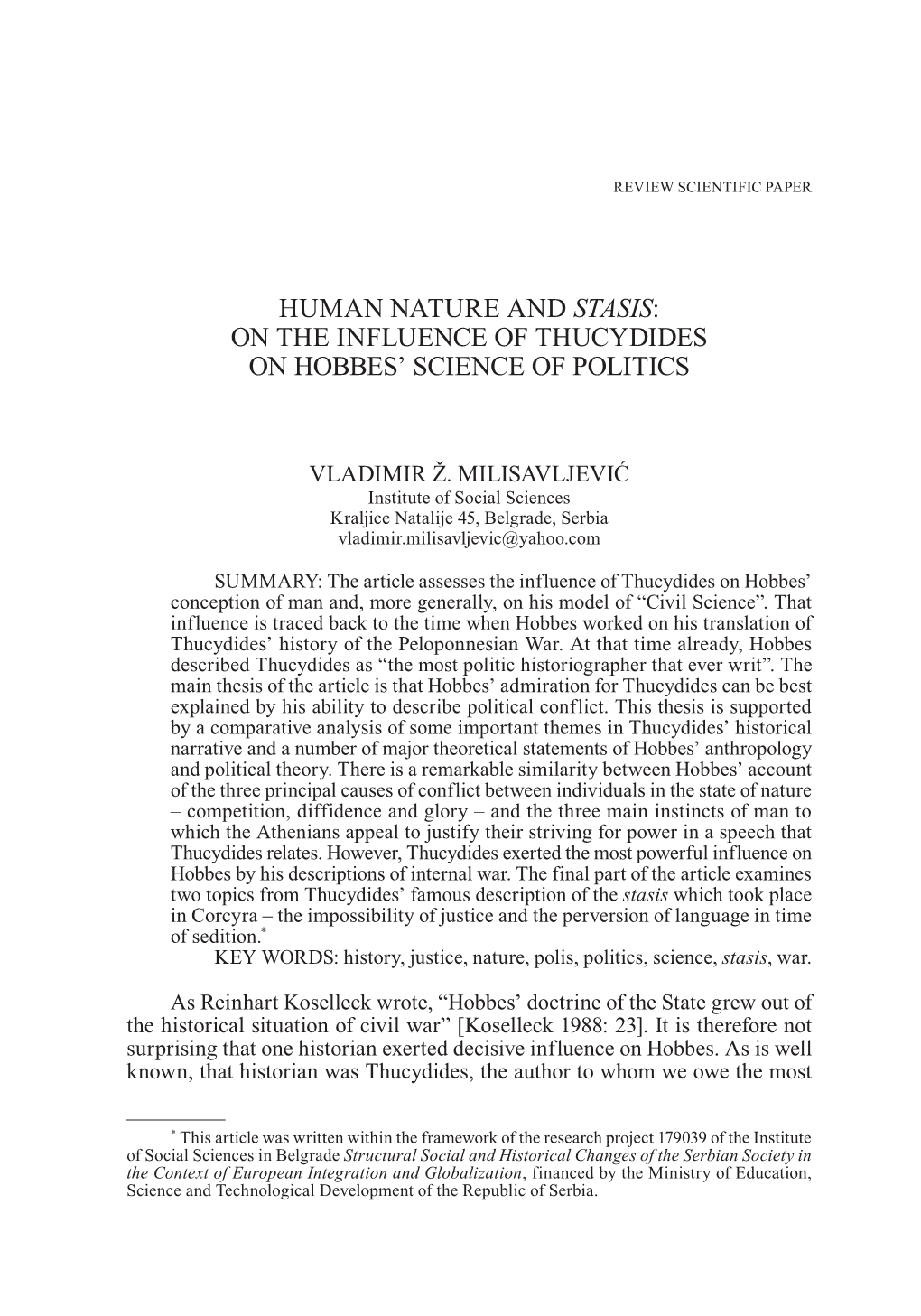 Human Nature and Stasis: on the Influence of Thucydides on Hobbes’ Science of Politics