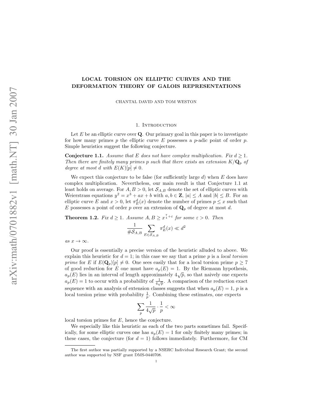 Arxiv:Math/0701882V1 [Math.NT] 30 Jan 2007 Ojcue1.1