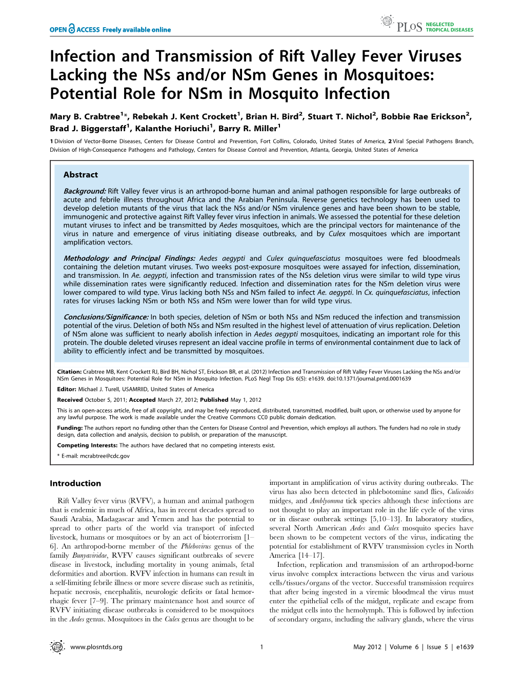 Potential Role for Nsm in Mosquito Infection