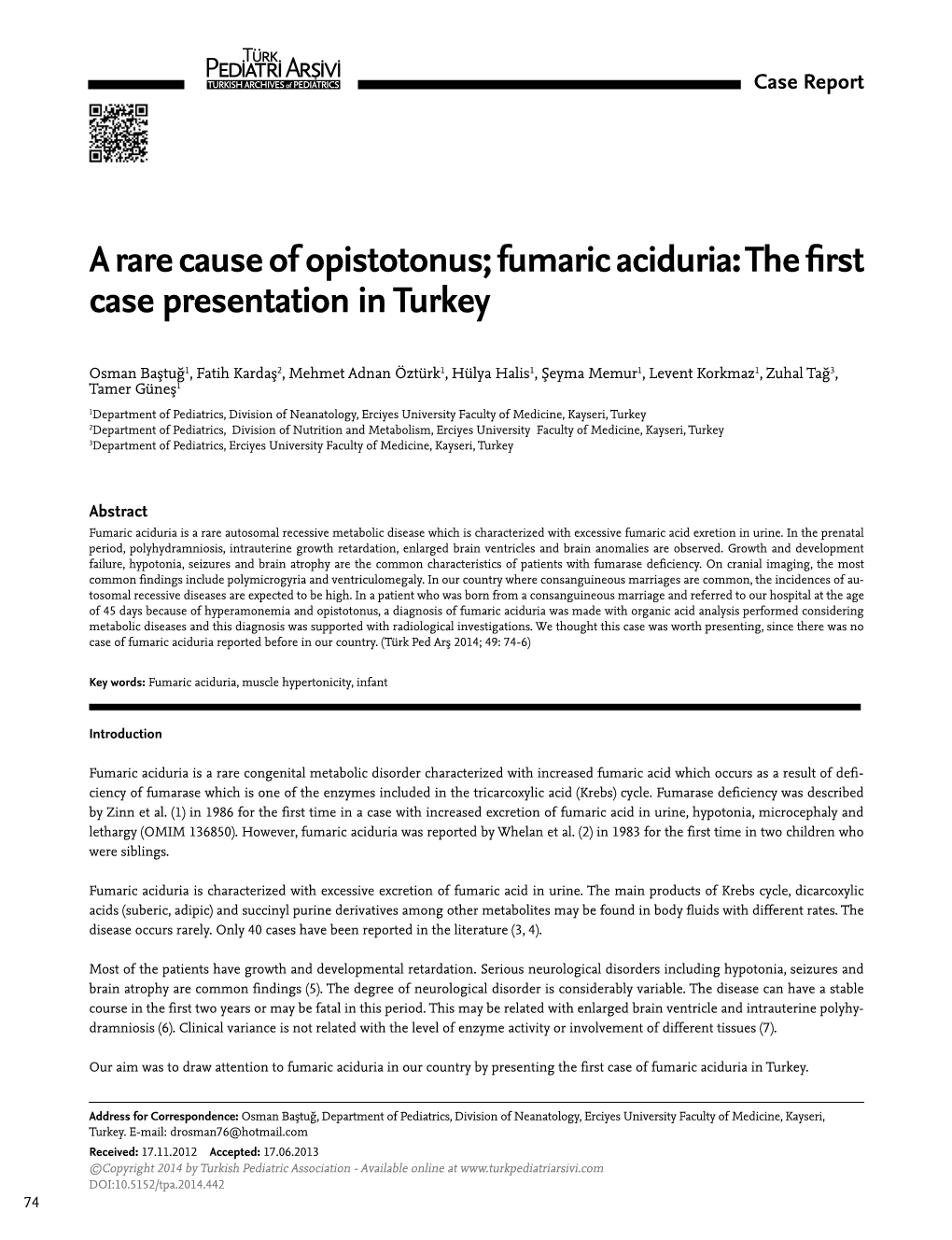 Fumaric Aciduria: the First Case Presentation in Turkey