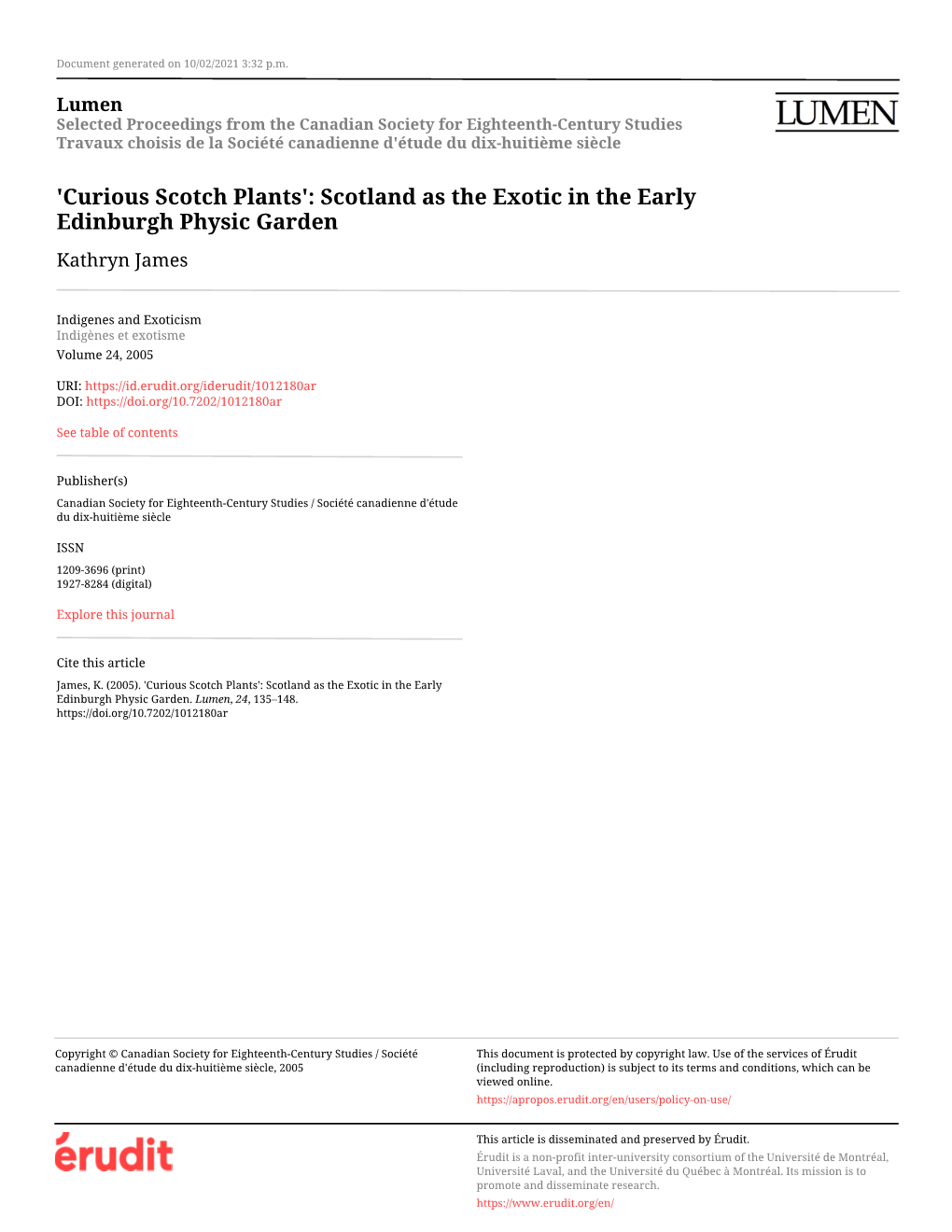 'Curious Scotch Plants': Scotland As the Exotic in the Early Edinburgh Physic Garden Kathryn James