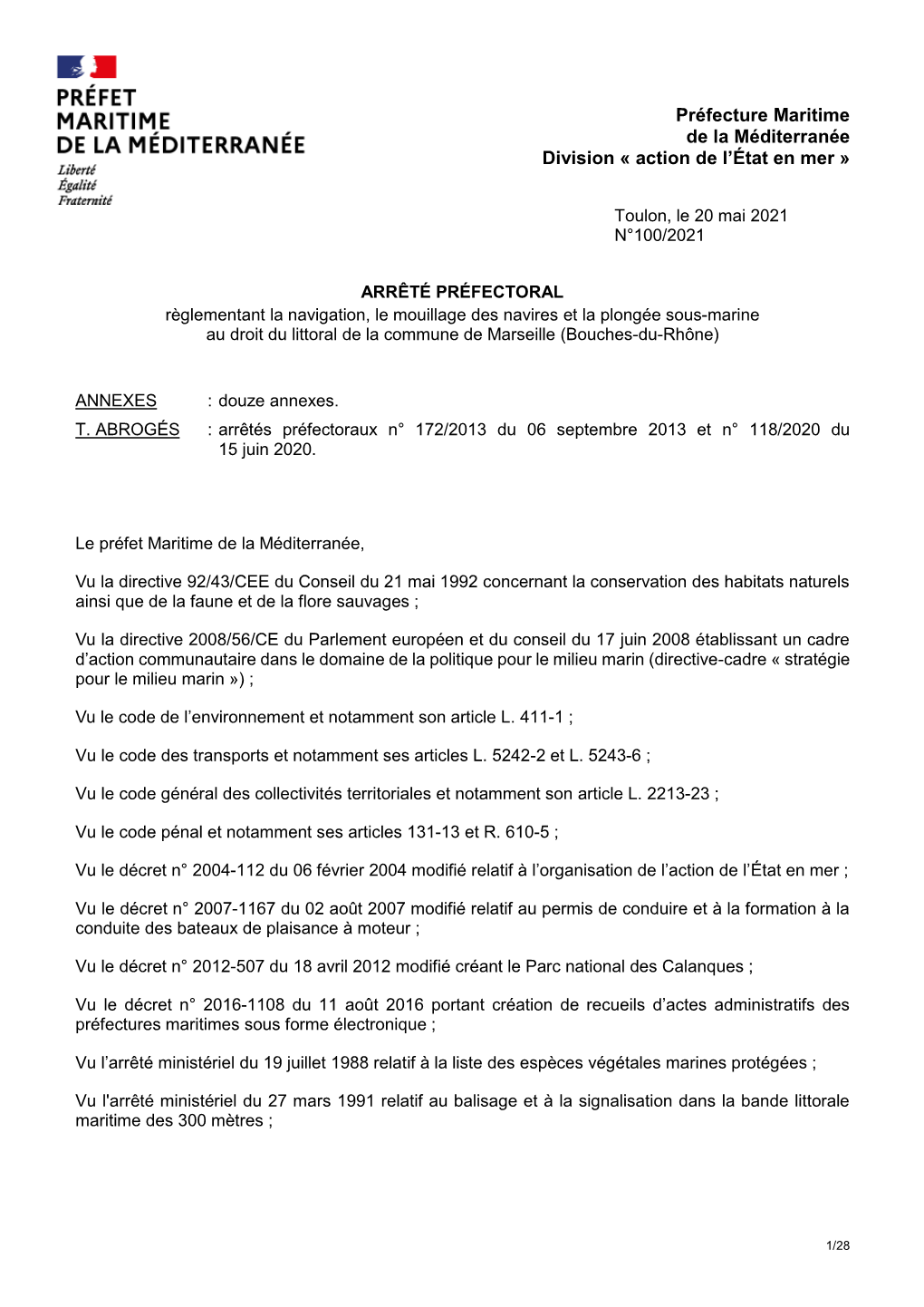 Préfecture Maritime De La Méditerranée Division « Action De L’État En Mer »