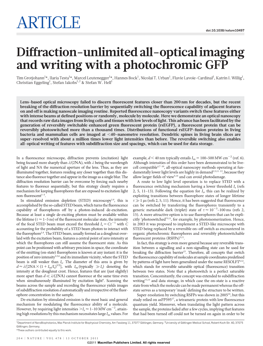 Diffraction-Unlimited All-Optical Imaging and Writing with a Photochromic GFP