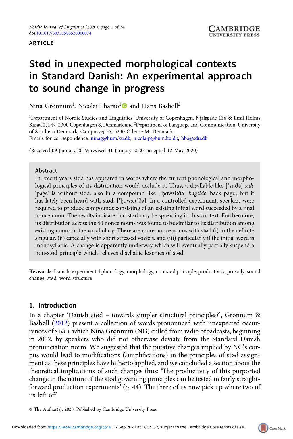 Stød in Unexpected Morphological Contexts in Standard Danish: an Experimental Approach to Sound Change in Progress