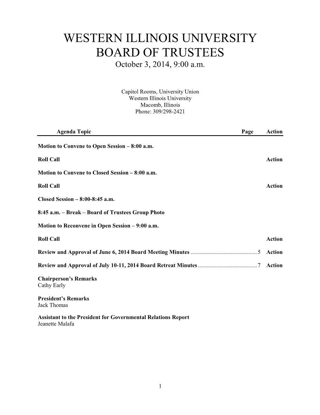 WESTERN ILLINOIS UNIVERSITY BOARD of TRUSTEES October 3, 2014, 9:00 A.M