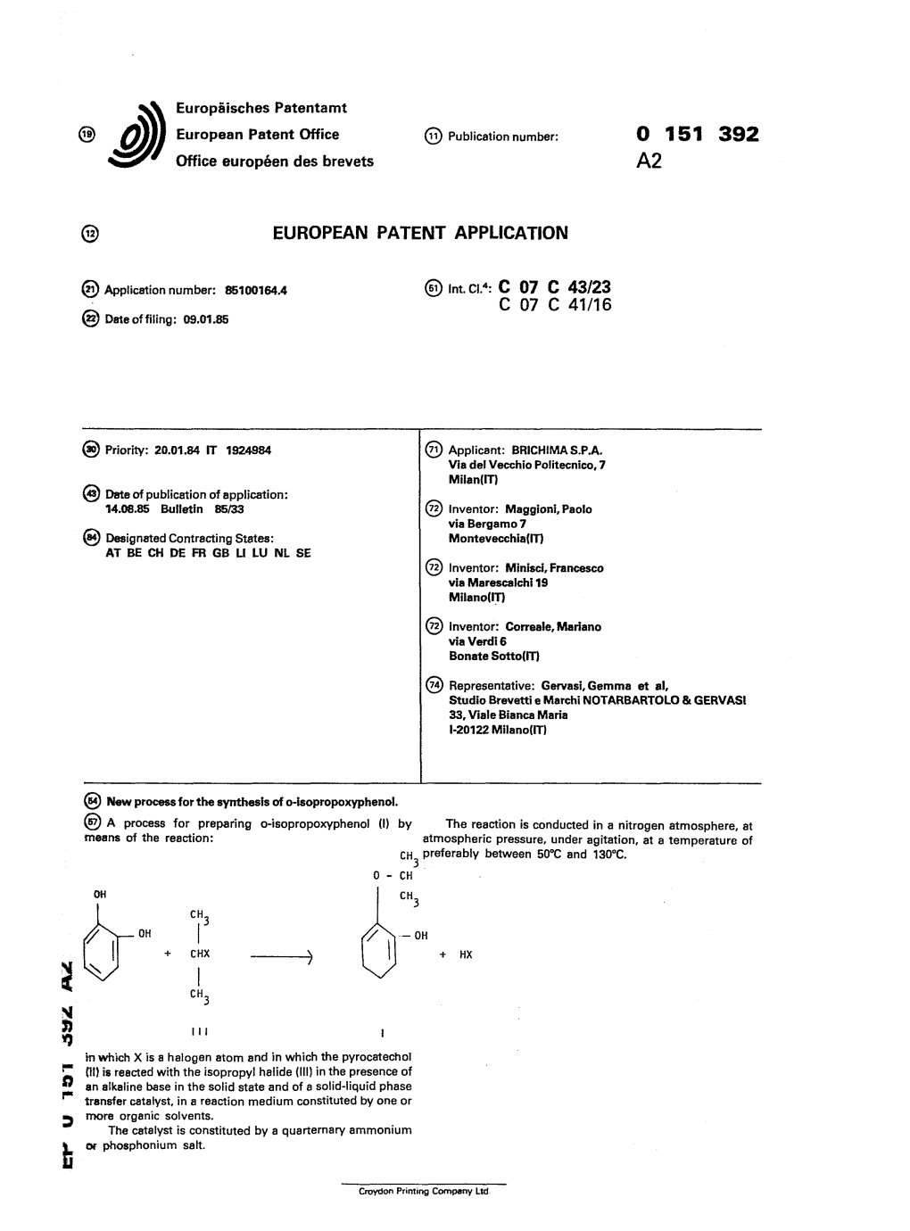 New Process for the Synthesis of O-Isopropoxyphenol