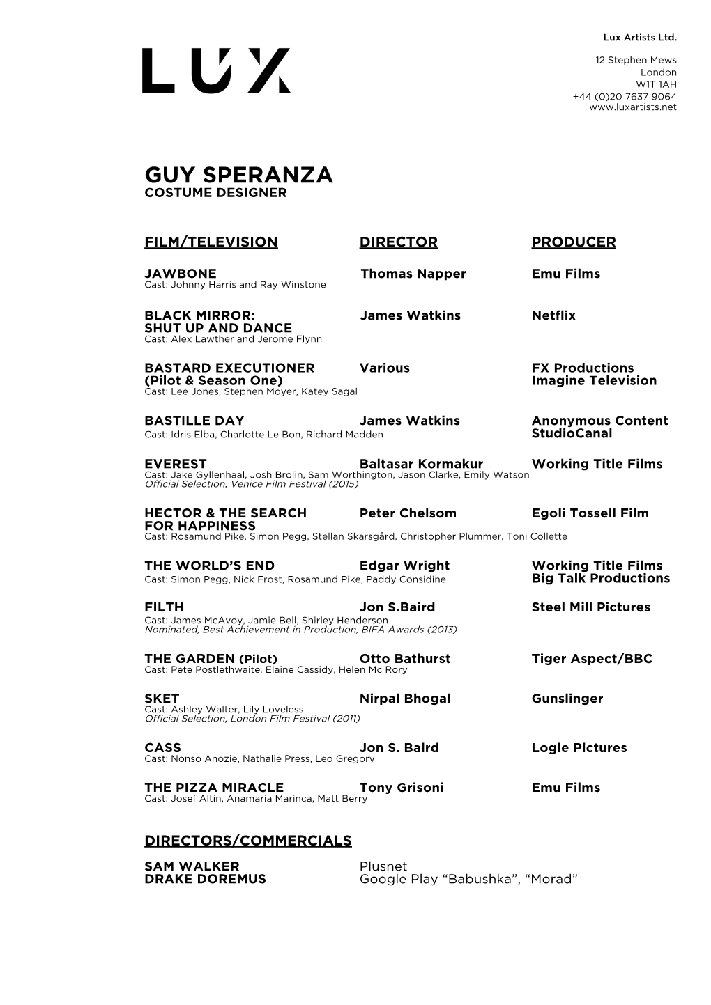 Guy Speranza Costume Designer