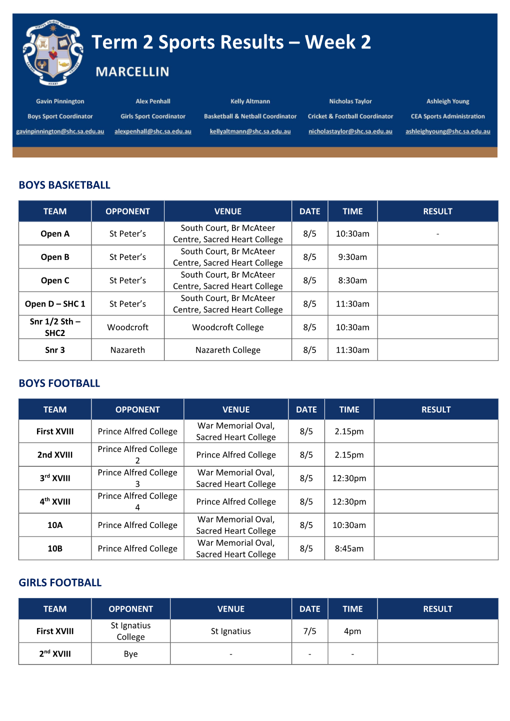 Term 2 Sports Results – Week 2