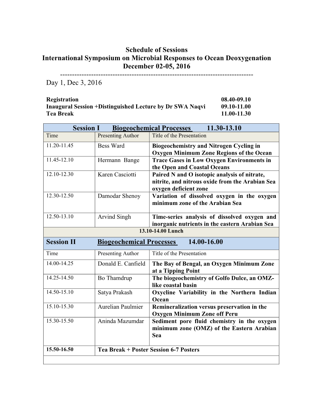 Schedule of Sessions International Symposium on Microbial Responses to Ocean Deoxygenation December 02-05, 2016 ------Day 1, Dec 3, 2016